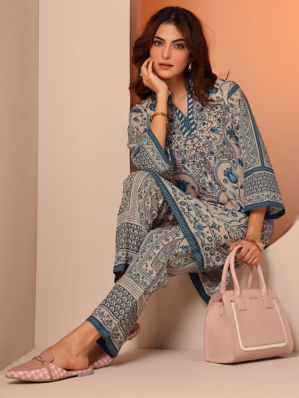 Off White Printed Cotton Blend Straight Cord Set