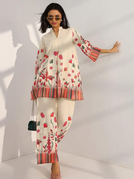 Off White Printed Cotton Cord Set