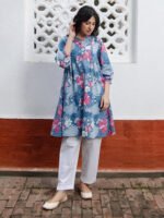 Blue Cotton Floral A-Line Short Kurti - Image 2