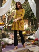 Mustard Pure Cotton Floral Printed A-Line Short Kurti - Style 03918