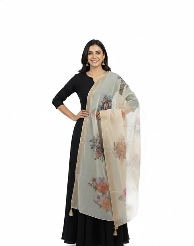 41WXlK38EL._SX679_.jpg Elegant Floral Chanderi Dupatta for Women, Cream Color with Tassel Border, Traditional Indian Wear - Image 1