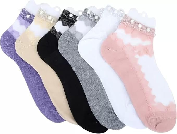 514mkK6e42L._SX679_.jpg Stylish Multicolor Nylon Ankle-Length Socks for Women | Comfortable & Trendy | Elegant Design with Small White Moti | Perfect Footwear Essential | Pack of 1 - Image 1