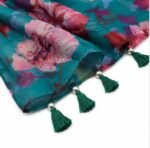Women's Teal Floral Print Scarf with Tassel Fringe - Image 2