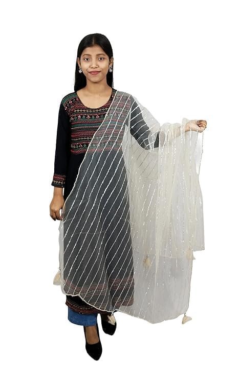 51LHKWJ-4rL.jpg JAGMOOLYA PRODUCTS Clothing Women's Silver Embroidered Organza Net Dupatta for Girls (CREAM) - Image 1