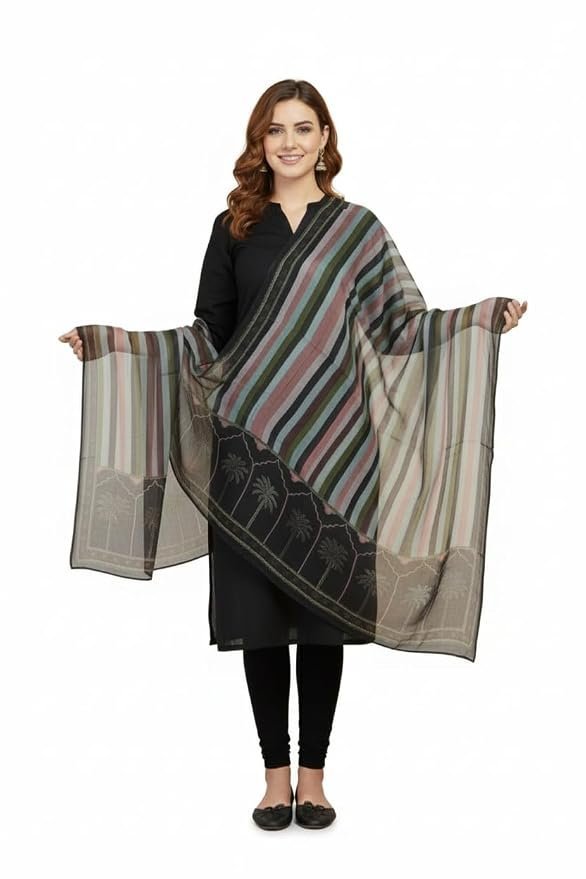 51ppswJKhvL._SY879_.jpg Elegant Striped Dupatta with Palm Tree Border Design, Multicolor Soft Silk dupatta for Women - Image 1
