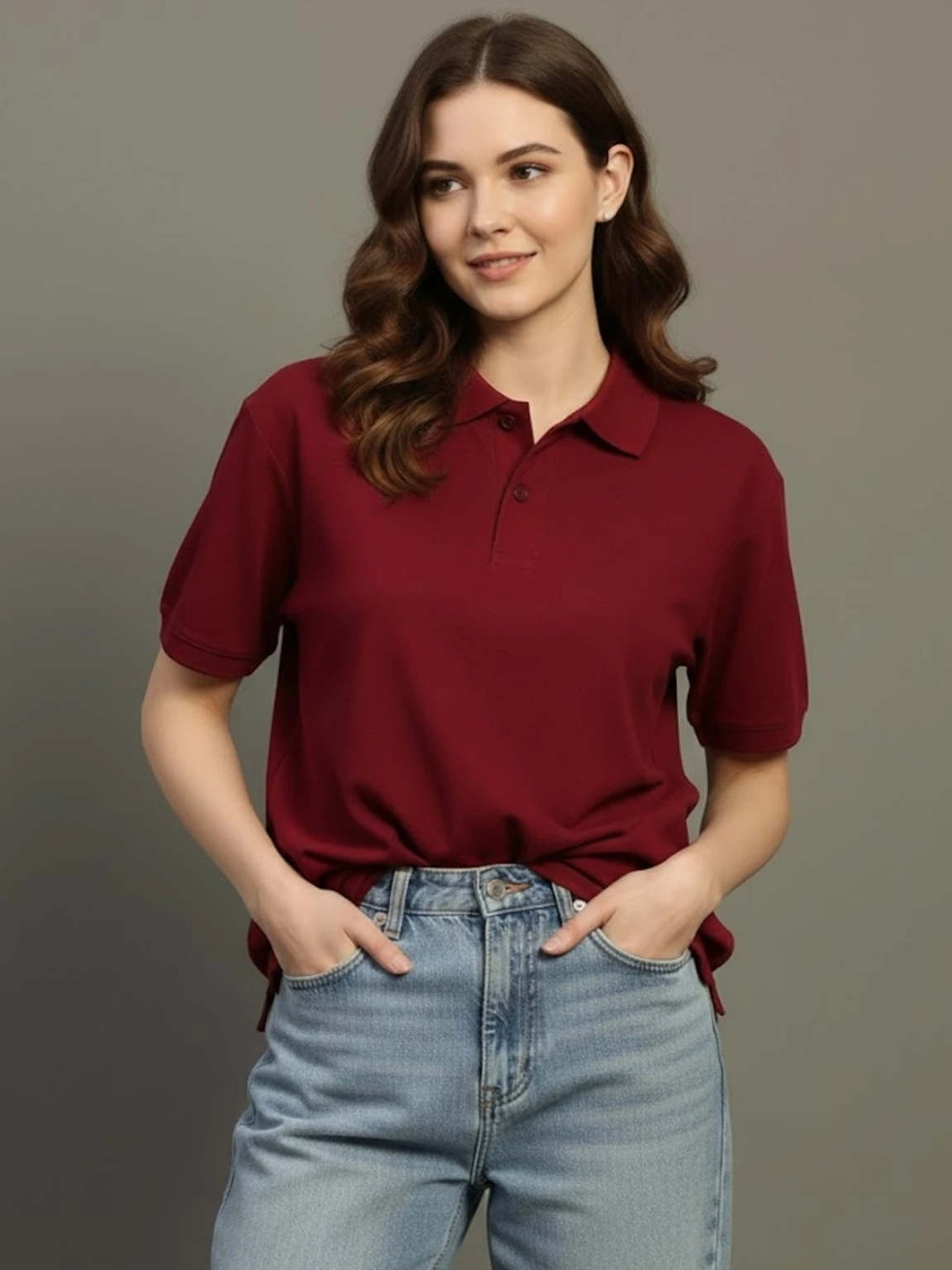 5xl-wo1101-maroon-timberhitch-original-imahhhduqjq2y6fz.webp Women Polo Neck Cotton Blend Maroon T-Shirt - Image 1