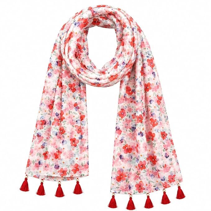 711qs6rqT4L._SX679_.jpg Women's Floral Print Chiffon Scarf with Tassel Trim - Image 1