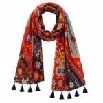 Boho Floral Print Scarf with Tassel Trim, Multicolour