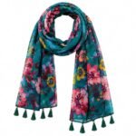 Women's Teal Floral Print Scarf with Tassel Fringe