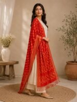 Women Nylon Red Geometric Woven Dupatta - Image 4