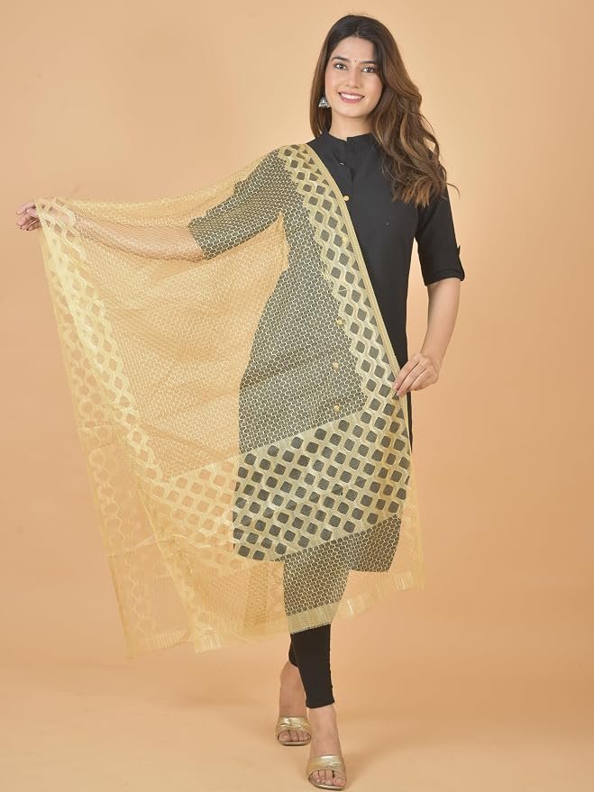 81Fexmgk9cL._SY879_.jpg Dupatta for Women and Girls 100% Netted Self Print Design (Beige) - Image 1