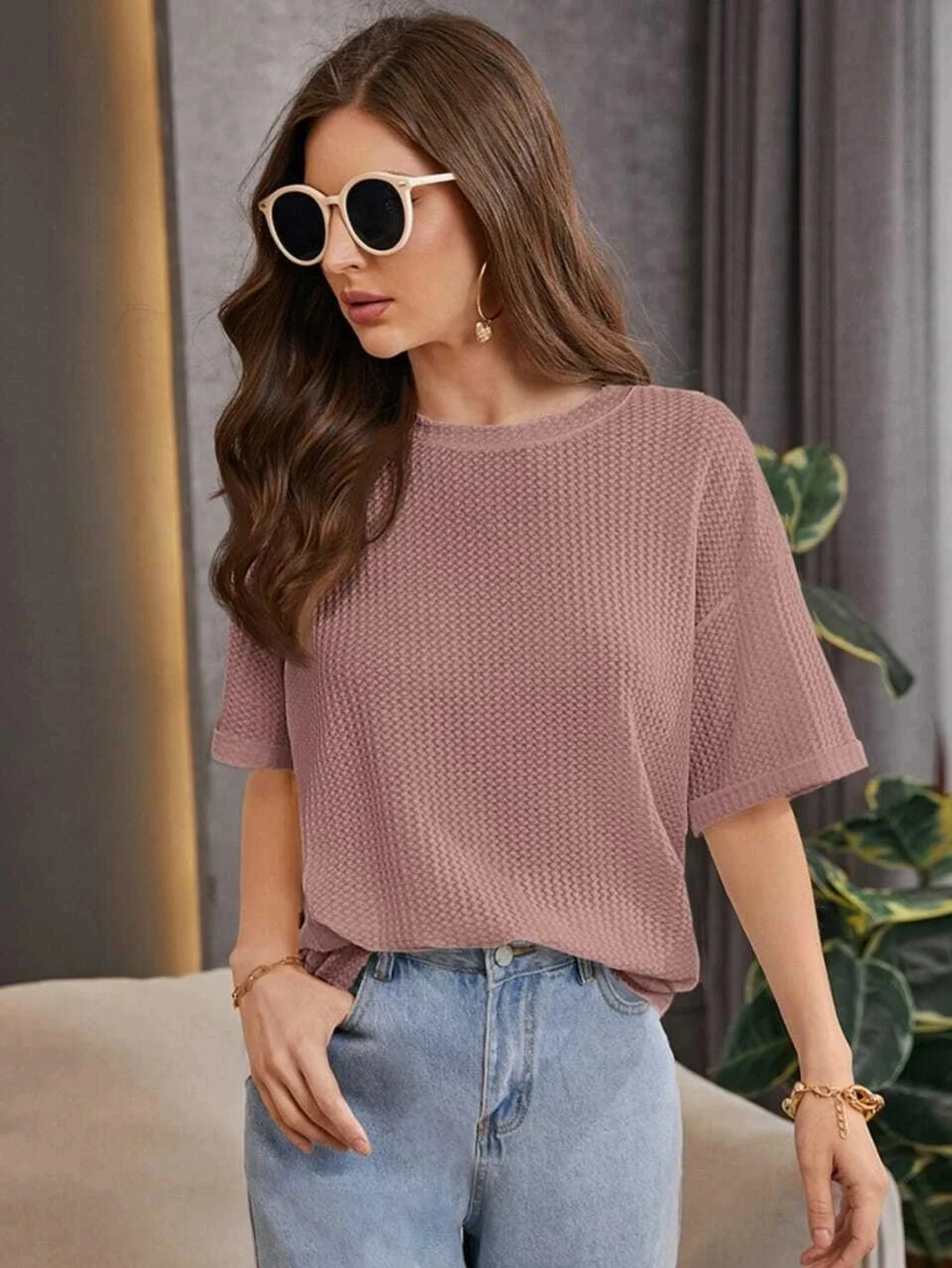 l-tshirt-for-women-rifa-fit-original-imahbgpfuyscgc4v.webp Women Self Design Round Neck Linen Blend Pink T-Shirt - Image 1