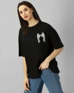 Women Printed Round Neck Cotton Blend Black T-Shirt - Image 3