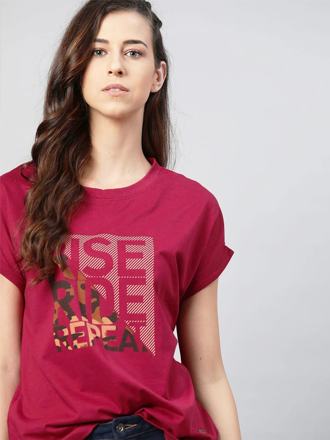 original-imahjzqbxzrmjpyt.webp Women Printed Round Neck Pure Cotton Maroon T-Shirt - Image 1