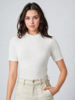 Women Solid High Neck Cotton Blend White T-Shirt