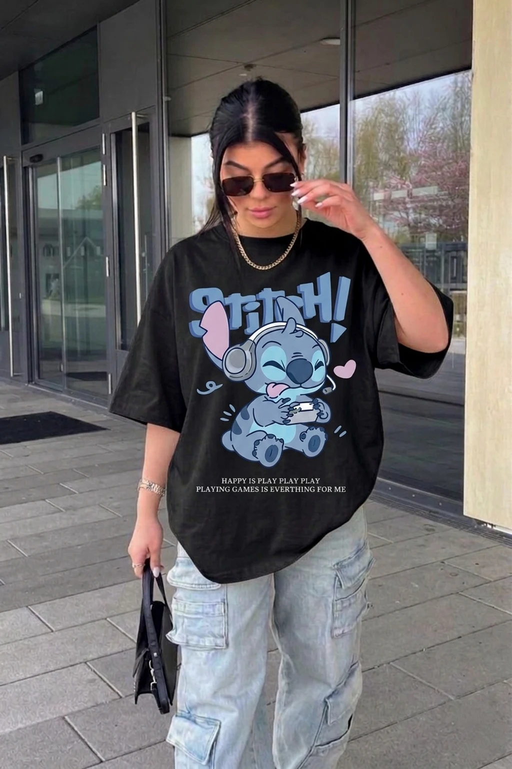 s-women-oversize-tshirt-veenafabrics-original-imahmpzxe42ndvxb.webp Women Graphic Print, Typography Round Neck Cotton Blend Black T-Shirt - Image 1