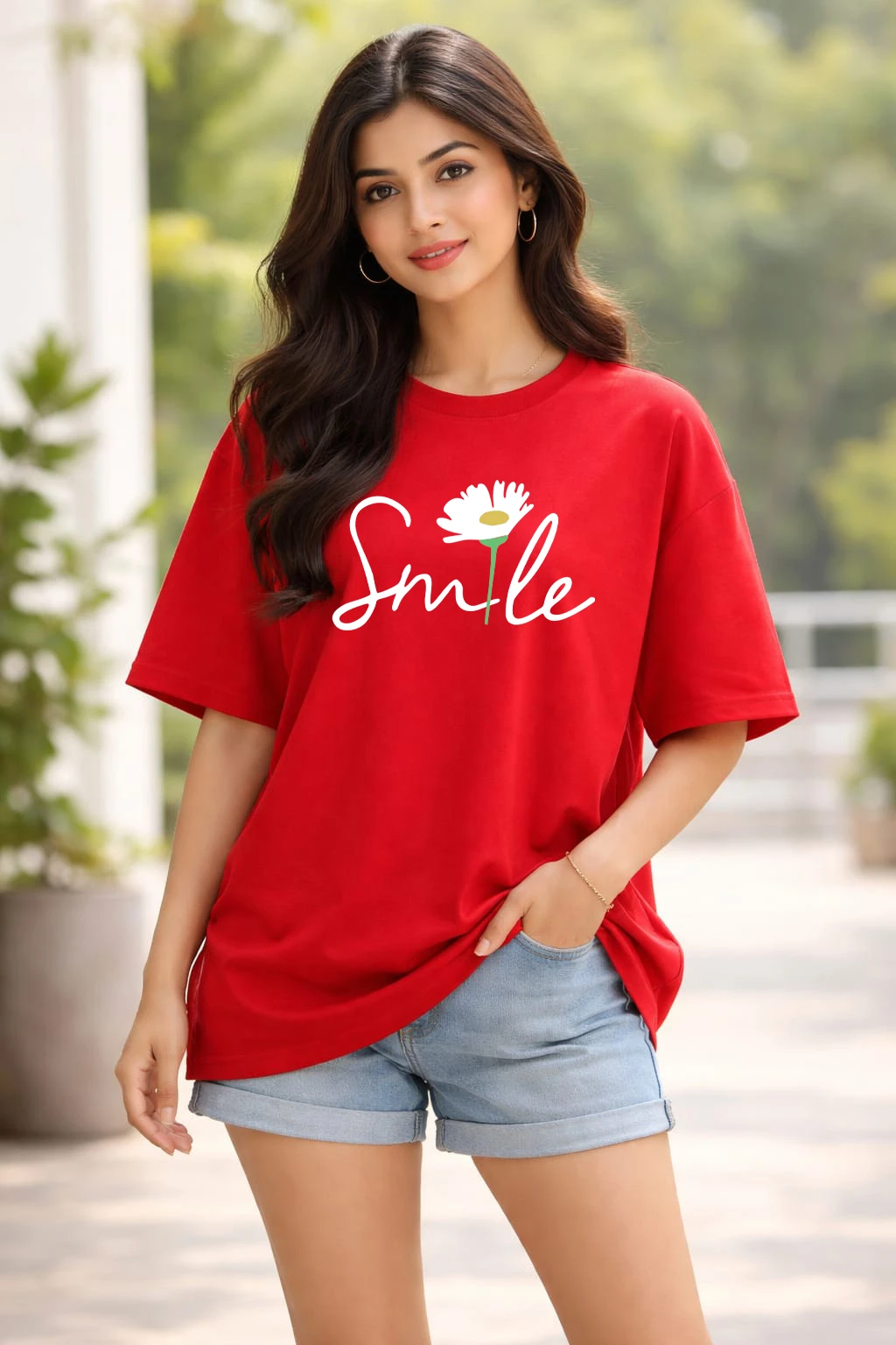 xl-w-tshirt-smile-wellvery-original-imahkgyqruxmzzxu.webp Women Printed Round Neck Cotton Blend Red T-Shirt - Image 1